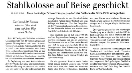 Schwertransport Silo Behälter der Firma Klotz Hilchenbach